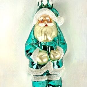 Vintage 1990s Teal Glass Santa Christmas Tree Ornament 7 in Silver Gold Trim EC